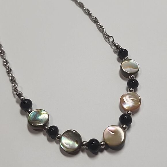 Elegant Silver and Black Necklace With Abalone Shell Beads - Picture 2 of 6